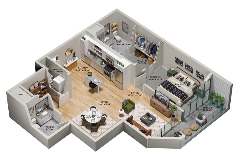 A colorful floor plan, room by room, built to scale